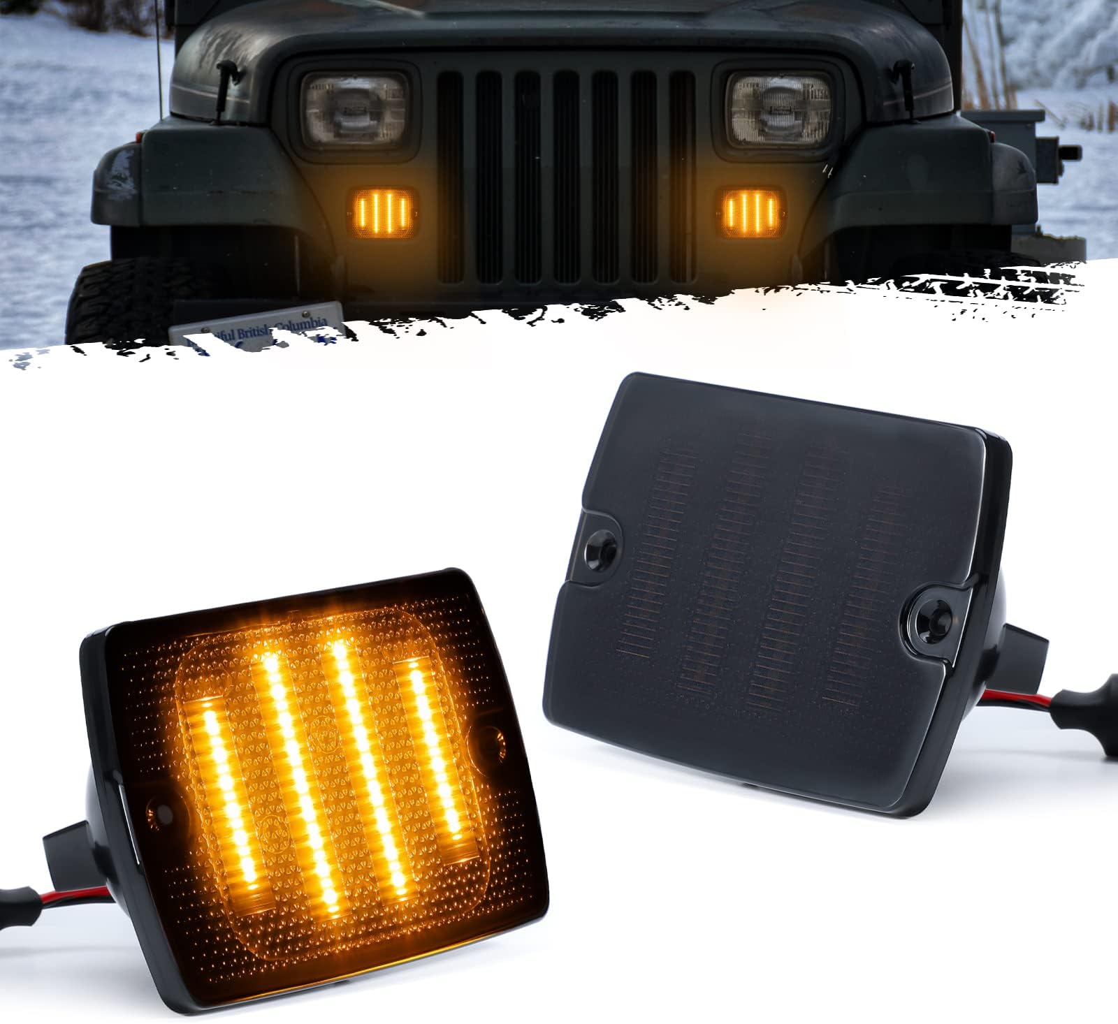 Partsam 2Pcs Front Turn Signal Lights Lamps Assembly Amber 24LED Signal Light w/White DRL Compatible with Wrangler YJ 1987-1993 with 3157 Plug and 1157 Plug, Smoke Lens