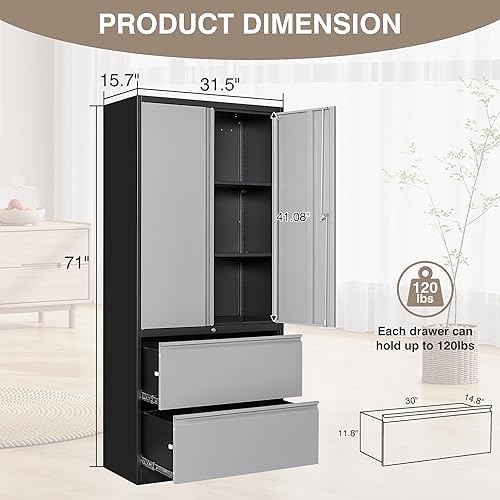 Miniatura 7 de Archivador de metal con 2 cajones, gabinete de almacenamiento de oficina con estantes ajustables, archivador lateral con cerradura para archivos de