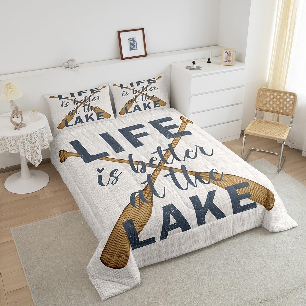 Castle Fairy Lake Life Comforter Set Queen Size,Life is Better at the Lake Themed Bedding Set for Women Adult,Oars Paddle Retro Rustic Farmhouse Luxury Bed Duvet Insert, 2 Pillowcases