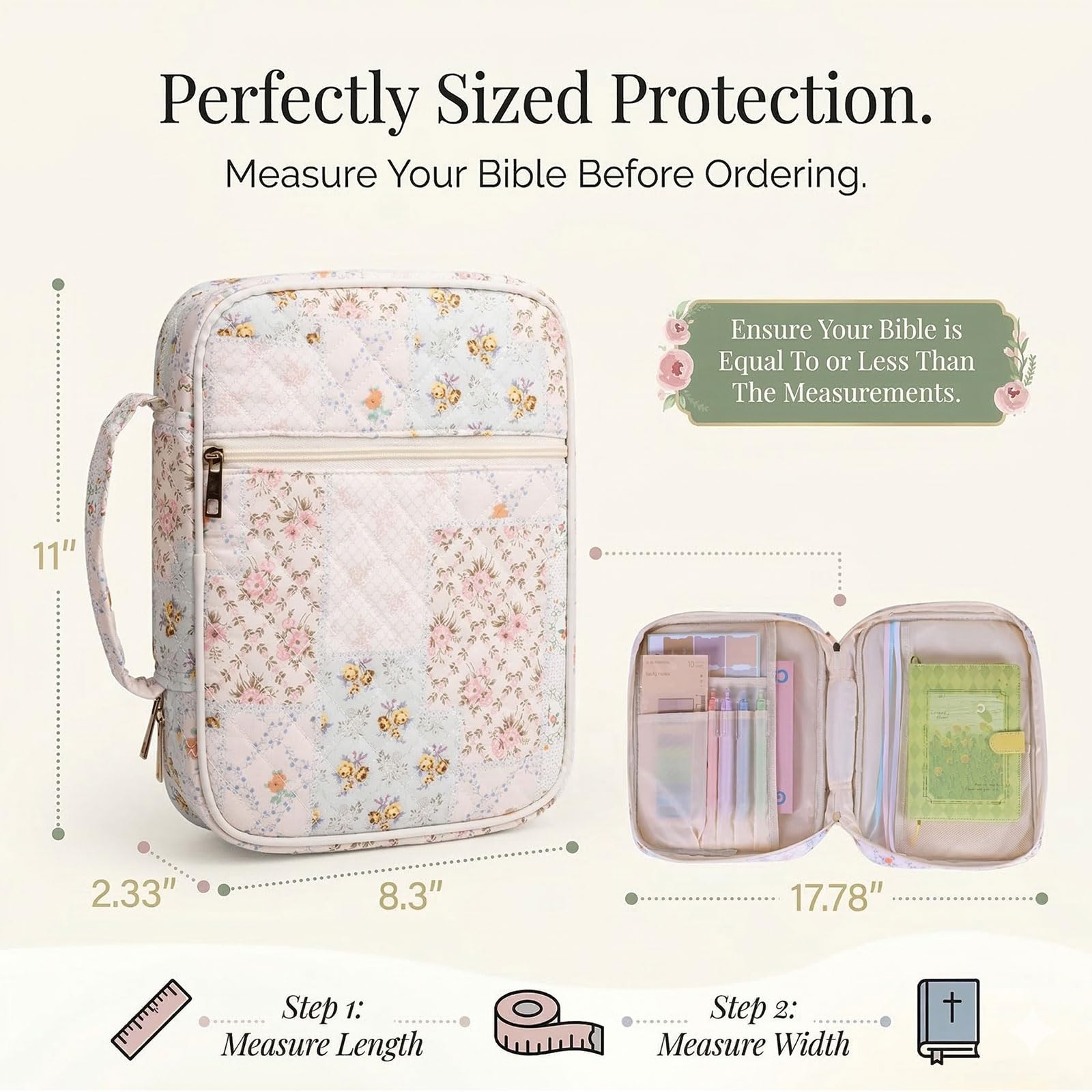Housse de Bible pour Femmes Grande avec Organisateur, Étui Quilte Motif Floral & Poignées Robustes, Kit de Journal Biblique INCL. Marqueurs & Stylos, Cadeaux Chrétiens Femmes, M Bleu - 2