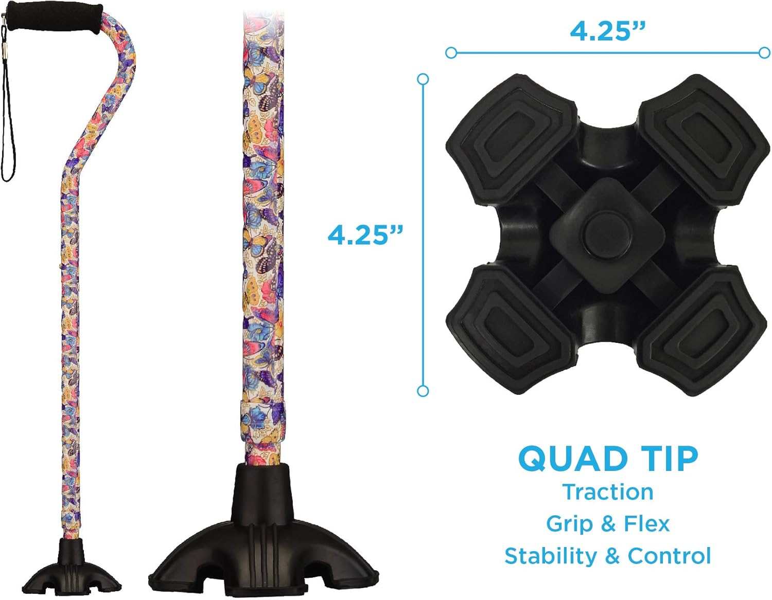 NOVA Medical Products NOVA Sugarcane, Walking Cane with All Terrain Rubber Quad Tip Base and Carrying Strap, Butterfly Symphony Design : Everything Else