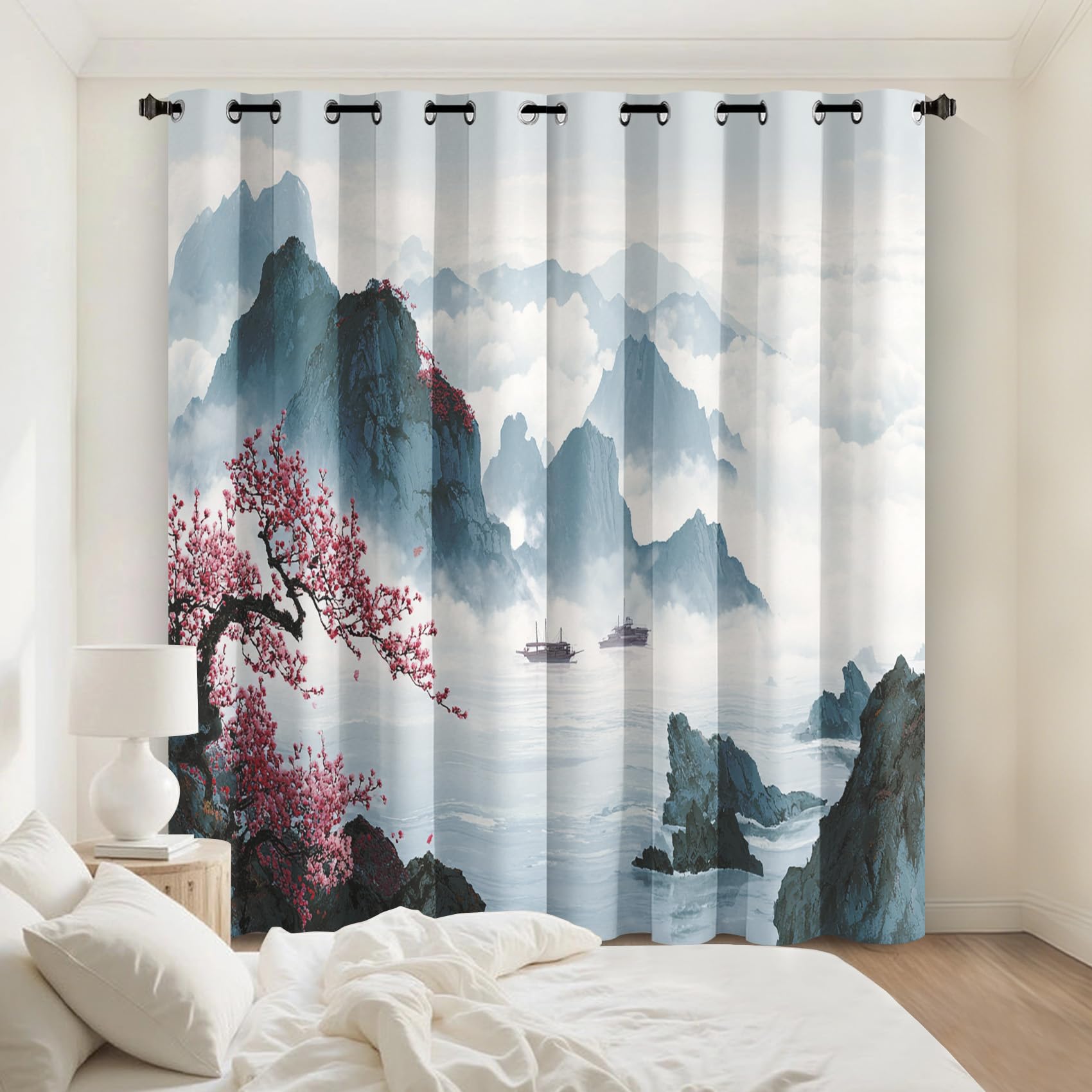 Rideaux motif style japonais pour salon zen, voiles occultants de chambre K233