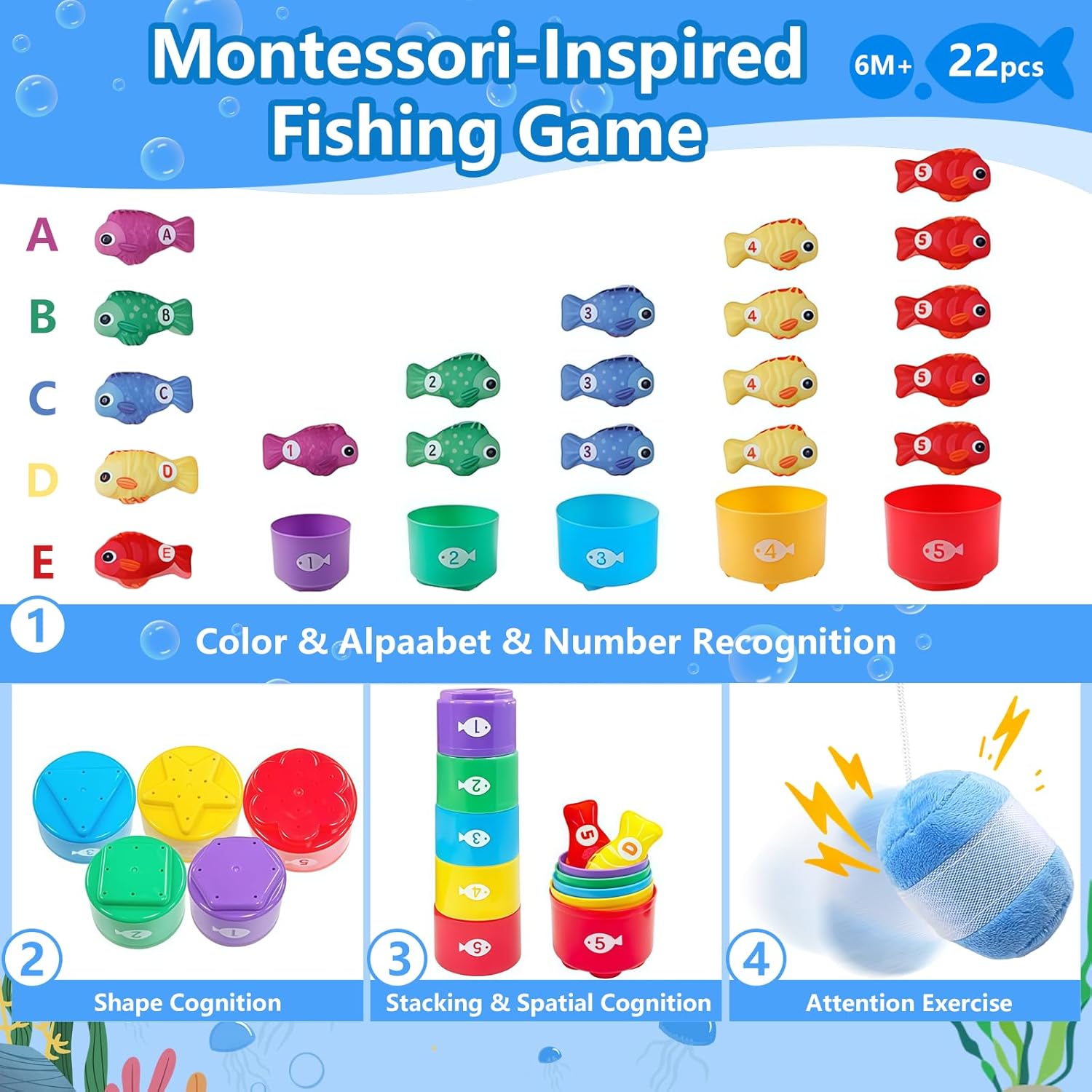 COUOMOXA Montessori Toys for 1 Year Old Baby: 22PCS Cloth Fishing Game with Stacking Cups - 6-12-18 Months Toddler Color Sorting Learning Toy Indoor Outdoor Play for Age 1 2 3 Boy Girl