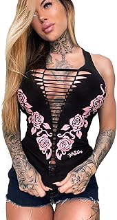 Demi Loon Sexy Cowgirl Biker Tank Top | Slashed Cut-Out Country Motorcycle Tee Tshirt | Graphic Punk Gothic Tank Top