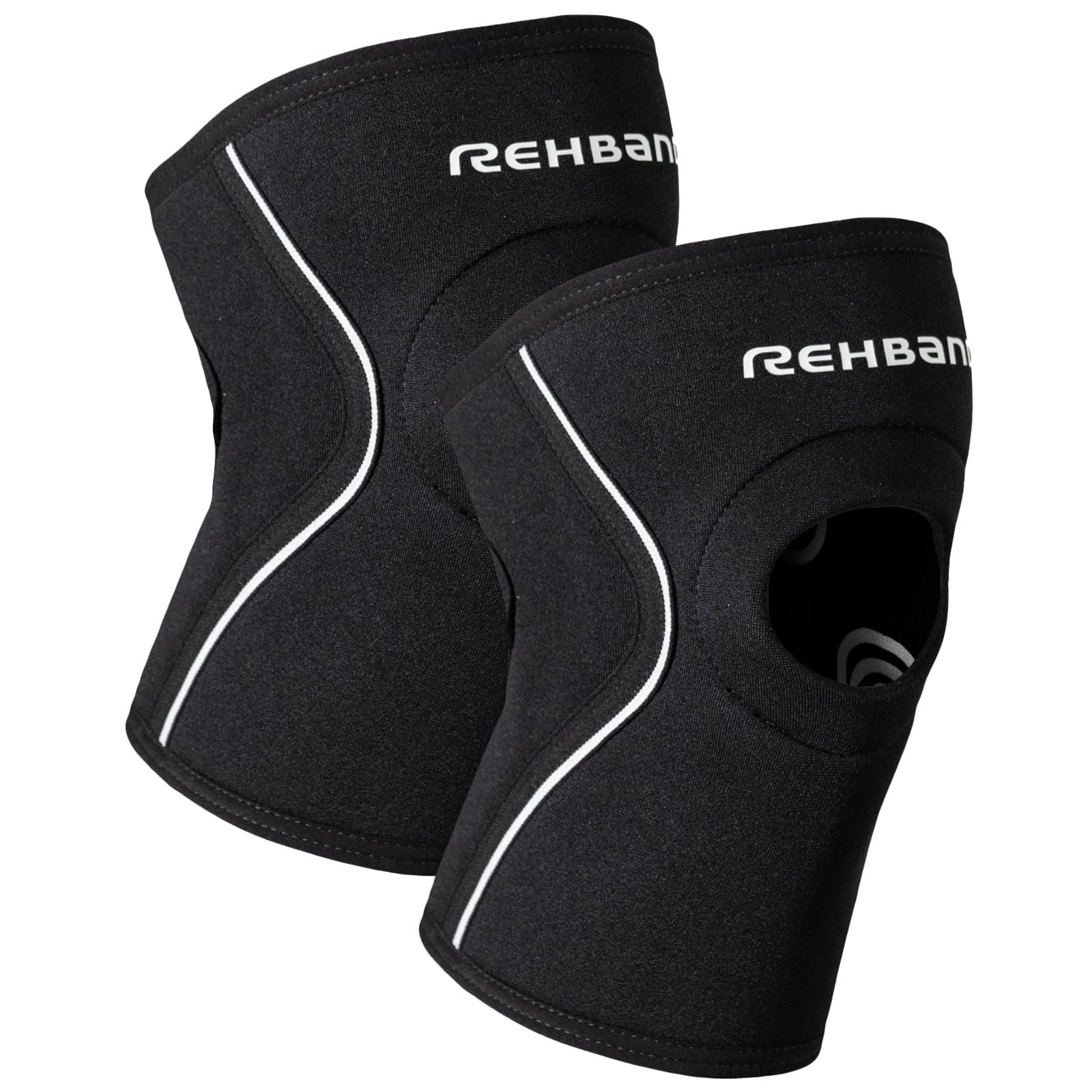 Rehband fascia ginocchio patellare in neoprene 5 mm, ginocchiera di supporto con apertura per la rotula, protezione ginocchio per sport di forza, jogging e fitness, Colore:Nero - 1 Paio, Misura:L