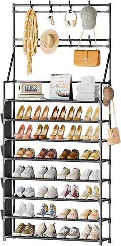 OYREL Zapatero de 8 niveles grande organizador de zapatos de almacenamiento 32-40 pares de almacenamiento de zapatos de metal con ganchos y bolsillo