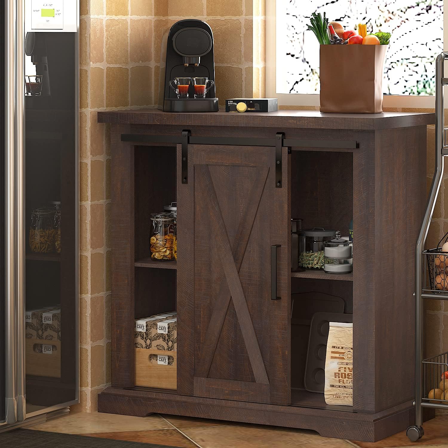 SHA CERLIN Farmhouse Accent Wood Storage Cabinet with Sliding Barn Door for Living Room, Rustic Buffet Cabinet with Adjustable Shelves,32 Inch Coffee Cart, Dark Wood