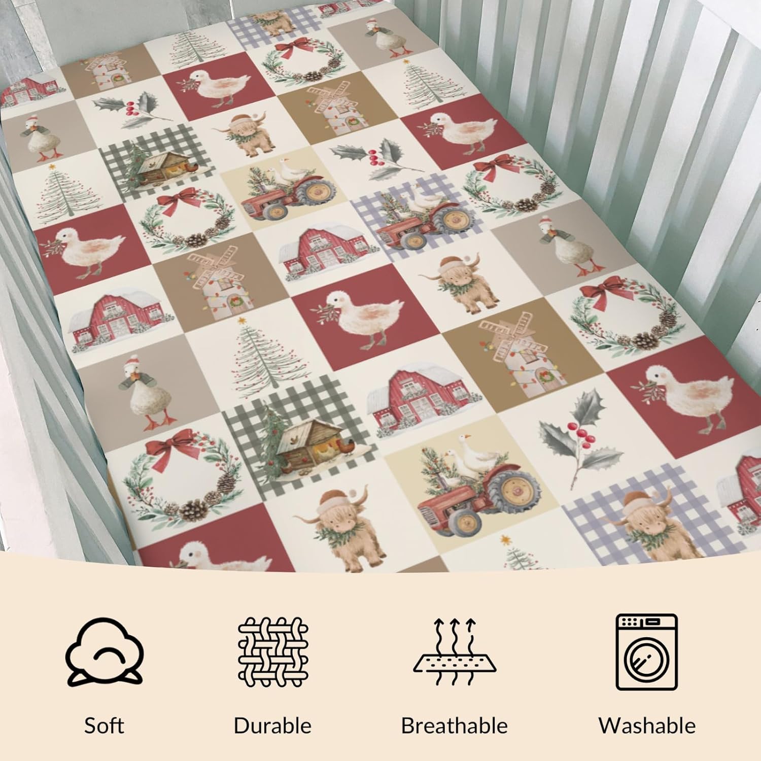 Christmas Farm Animals Patchwork Baby Crib Sheets Highland Cow Duck Tractor Barn Fir Leaves Baby Sheet Winter Festive Holiday Farm Life Fitted Crib Mattress Cover for Standard Toddler Mattress 52"x28"