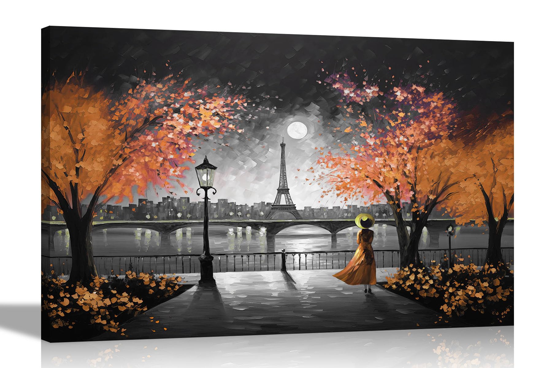 Artley Prints Black And White Orange Black And White Alone At Night In Paris Orange Colourful Canvas Wall Art: Abstract Prints For Living Room Decor - Ready To Hang Pictures 76 X 50Cm (30 X 20 Inches)