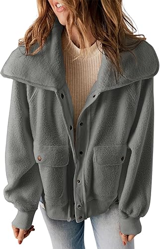 Dokotoo Chaqueta de forro polar mullido para mujer, manga larga, abrigos cortos, ropa de abrigo Sherpa a presión