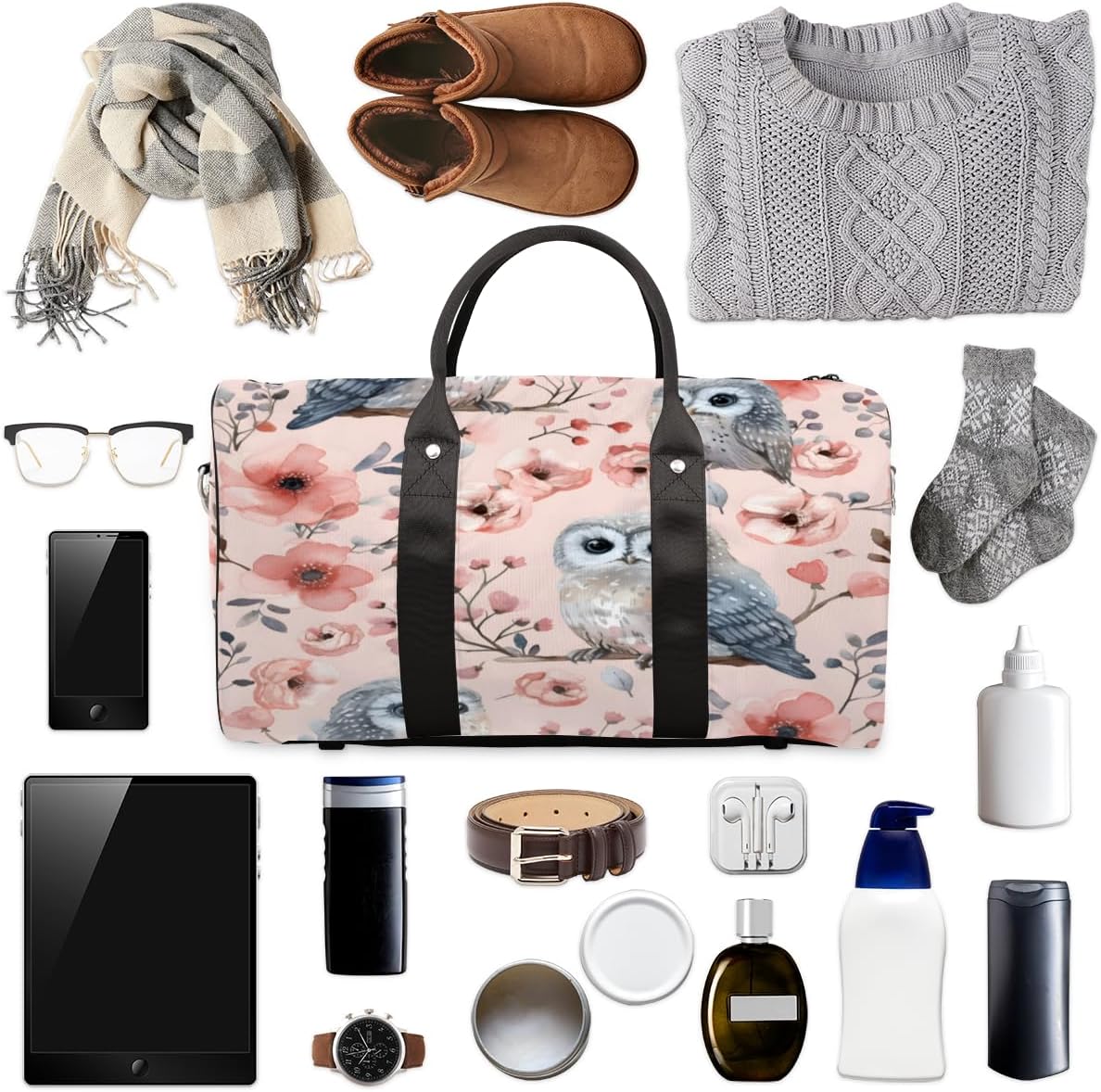 Flower Owl Watercolour Travel Duffel Bag for Women Men Large Capacity Overnight Weekender Bags for Lightweight Waterproof Sport Gym Bag for Workout Yoga Swim