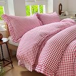 NSNLGSGC Tan Gingham Ruffle Duvet Cover Queen Size, 3 Pieces Taupe Soft Pre-Washed Microfiber Checked Plaid Comforter Cover Set, Vintage Farmhouse Bedding Set(Tan Gingham, Queen 90"x90")