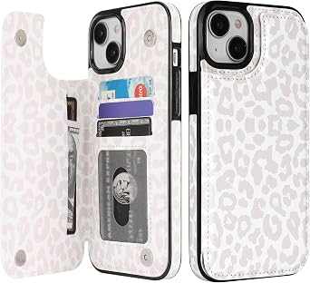 HAOPINSH Wallet Case with Card Holder for iPhone 15 Plus,White Leopard