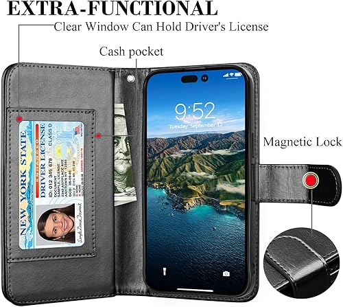 Miniatura 23 de Takfox Funda tipo cartera para iPhone 15 Plus, para iPhone 15 Plus, funda de piel sintética para tarjetas de crédito [9 ranuras para tarjetas] Funda