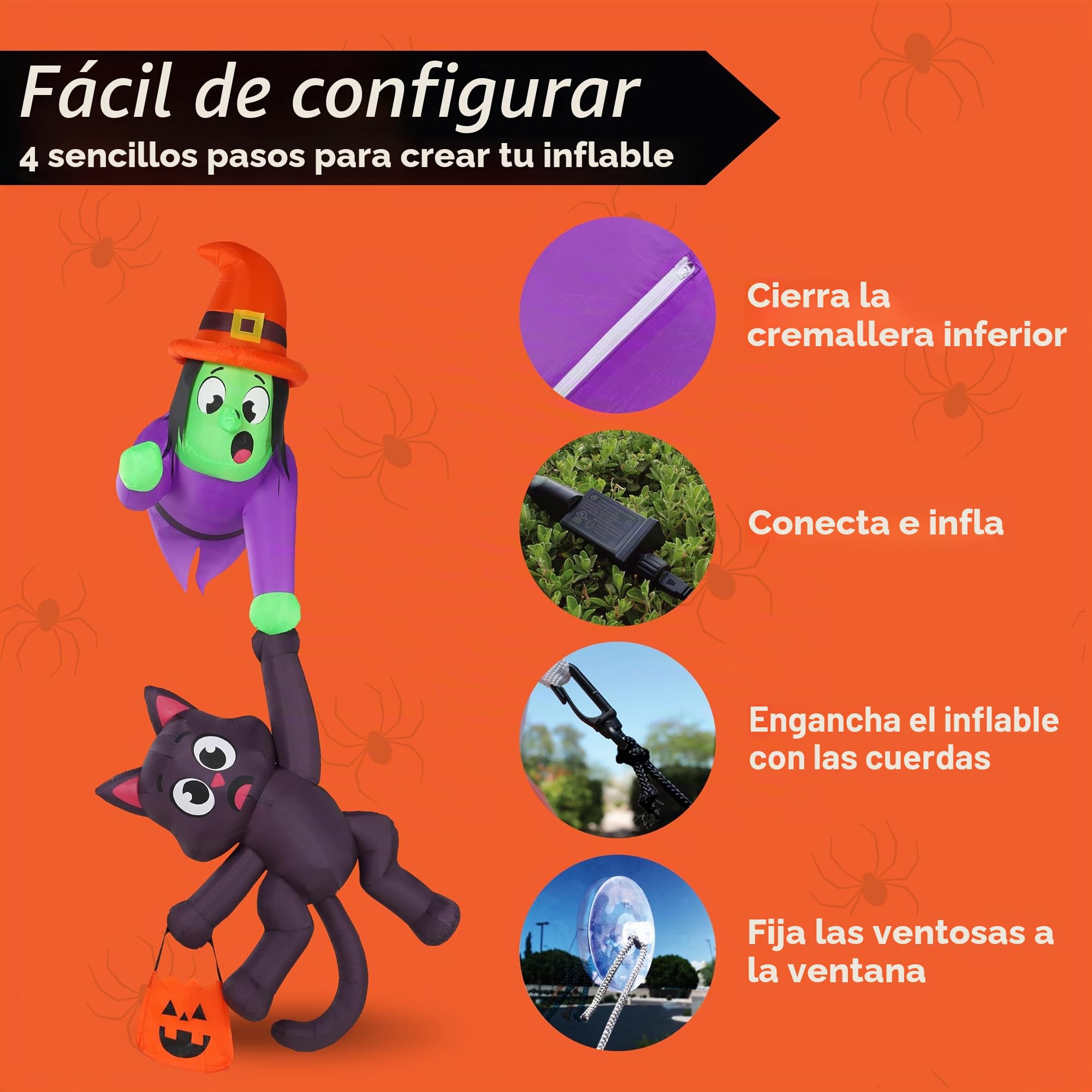 JOYIN Decoración inflable de techo de Halloween de 2,44 m de altura, bruja y gato negro, decoración inflable con luces LED, artículos gigantes inflables de Halloween para exteriores, patio