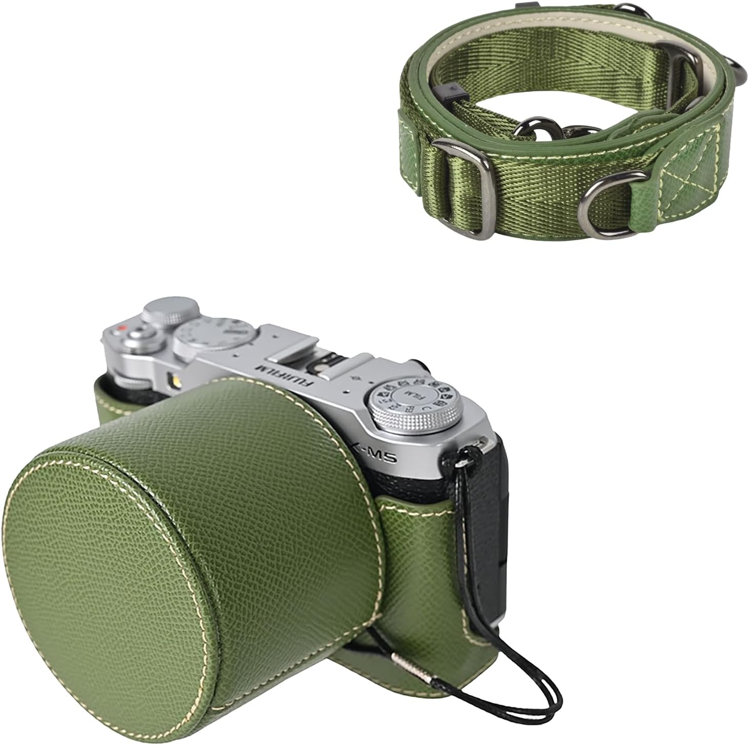 VOVMOEYA Protective Camera Case Kit for Fujifilm XM5 Mirrorless Camera,For Fuji XM5 Half Case Fuji X-M5 Camera Cover With Front Lens Cap With Shoulder Strap-GREEN