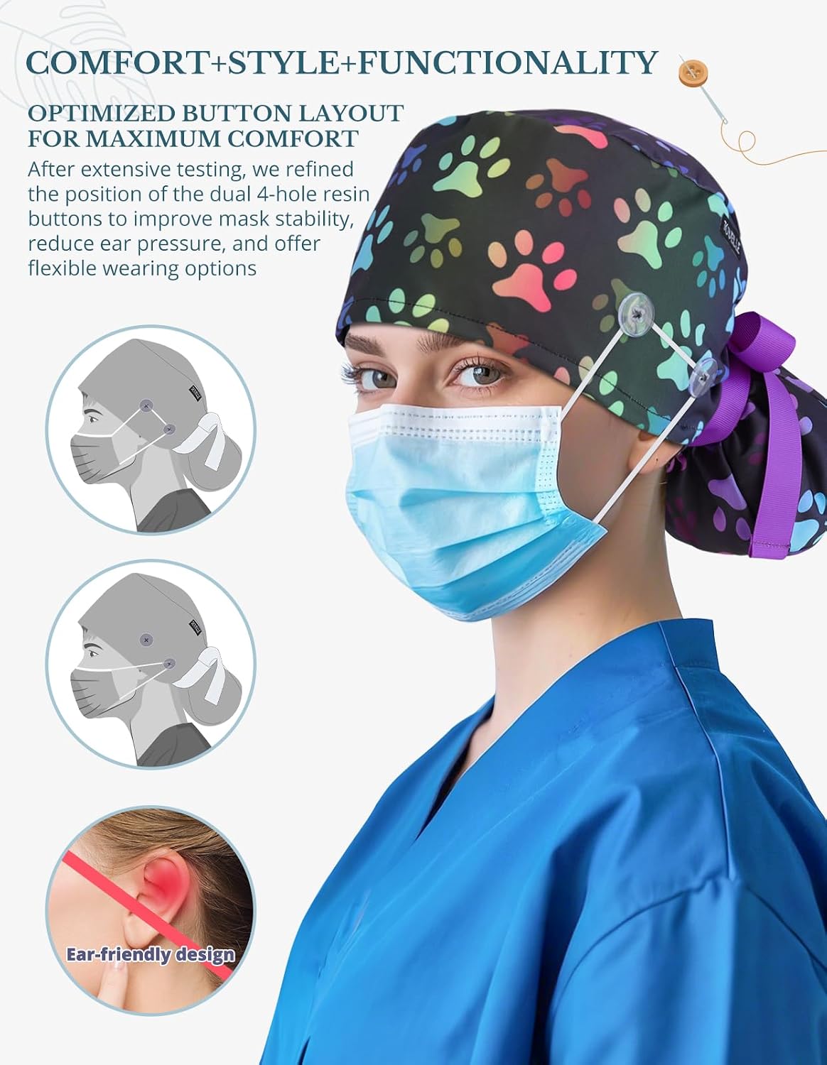 Ponytail Scrub Cap for Women – Black Rainbow Paw Surgical Cap with Buttons, Sweatband & Double-Sided Print, Adjustable Surgical Hat for Women to Secure Long Hair and Helps Reduce Static Buildup