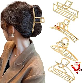 4 Pack Large Gold Hair Claw Clips for Women Thick Hair, French Design Metal Cross Banana Non-Slip Hair Catch Barrette Jaw Clamp Clips for Women and Girls