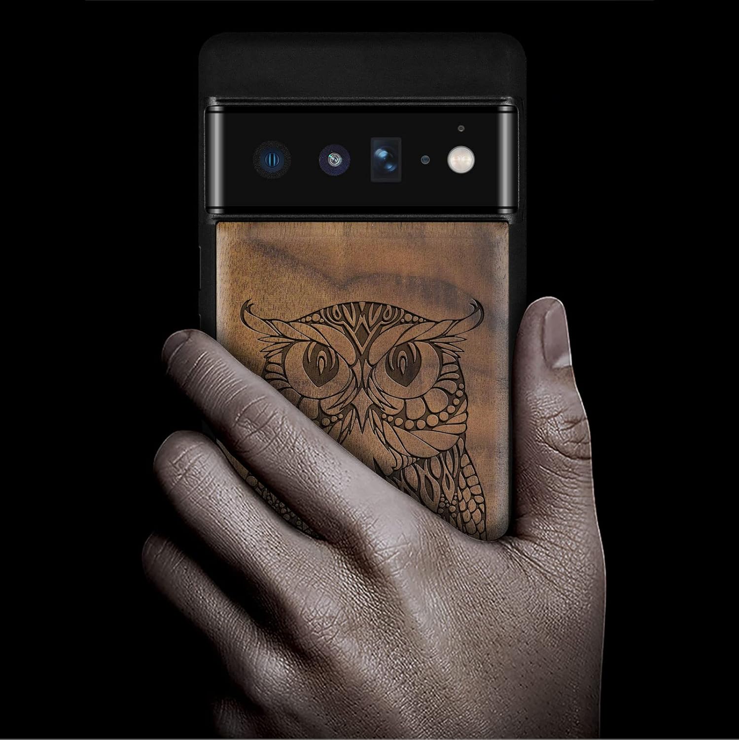 Carveit Wood Case for Pixel 6 Pro Case [Natural Wood & Black Soft TPU] Shockproof Protective Unique & Classy Wooden Cover Compatible with Google Pixel 6 Pro (Mandala Owl-Walnut)