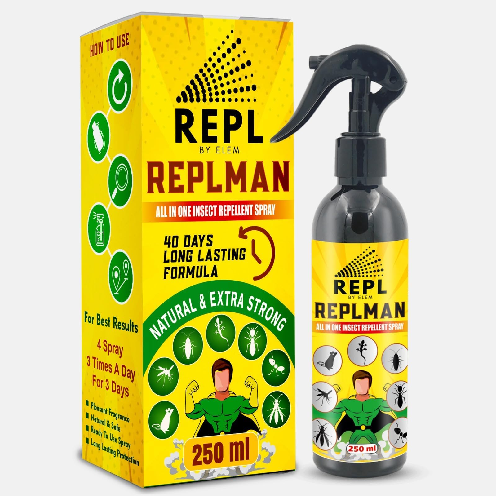 Repl All-In-One Pest Repellent spray- REPLMAN 250ML| Anti Pest spray for Home and Car| Rat, lizard, Mosquito, Ants, Cockroach, Bed Bugs, House fruit flies | Non-Toxic, child and pet safe | Pack of 1