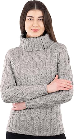 SAOL 100% Merino Wool Aran Fisherman Celtic Half Zipper Neck Sweater for Ladies