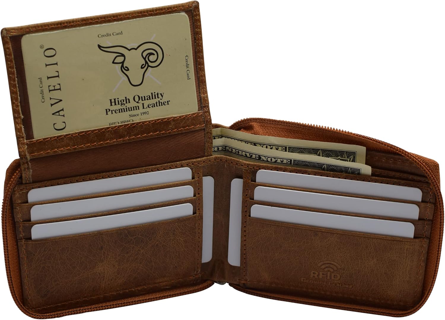 CAZORO USA Zipper Bifold Wallet For Men or Women RFID Safe Comes in a Gift Box (Tan)