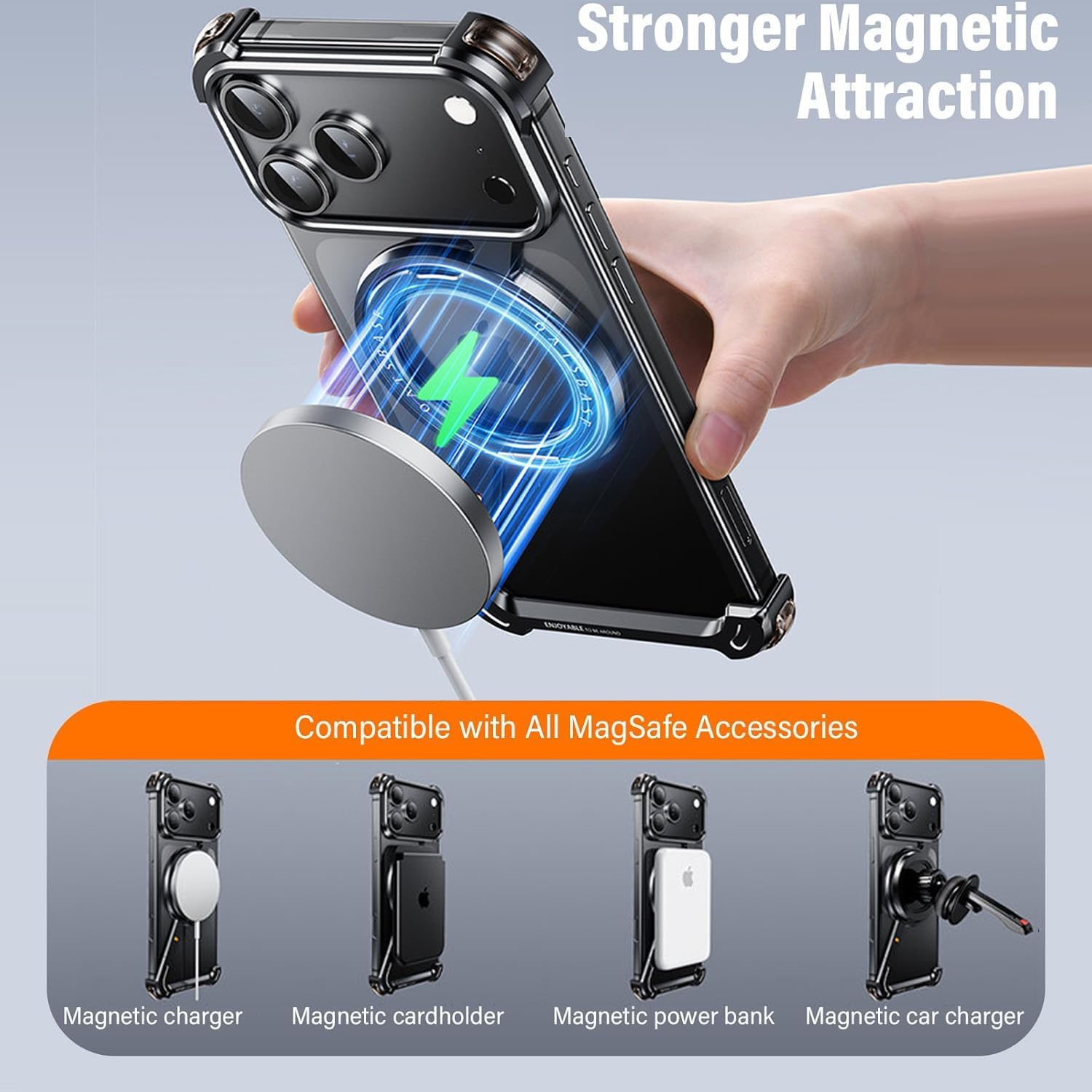 Omio for iPhone 17 Pro Max Bumper Case Compatible with MagSafe, Magnetic Kickstand Slim Aluminum Metal Frameless Borderless Minimalist Design Z Case Shockproof Stand Cover for Men, Black Titanium