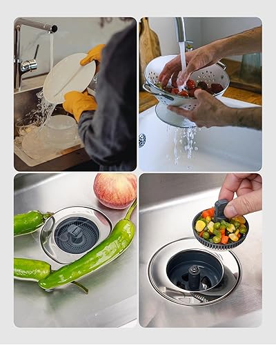 Vista 17 de Hibbent - Combo de colador y tapón de drenaje desplegable 3 en 1 para fregadero de cocina, de acero inoxidable, cesta antiobstrucción, con mango