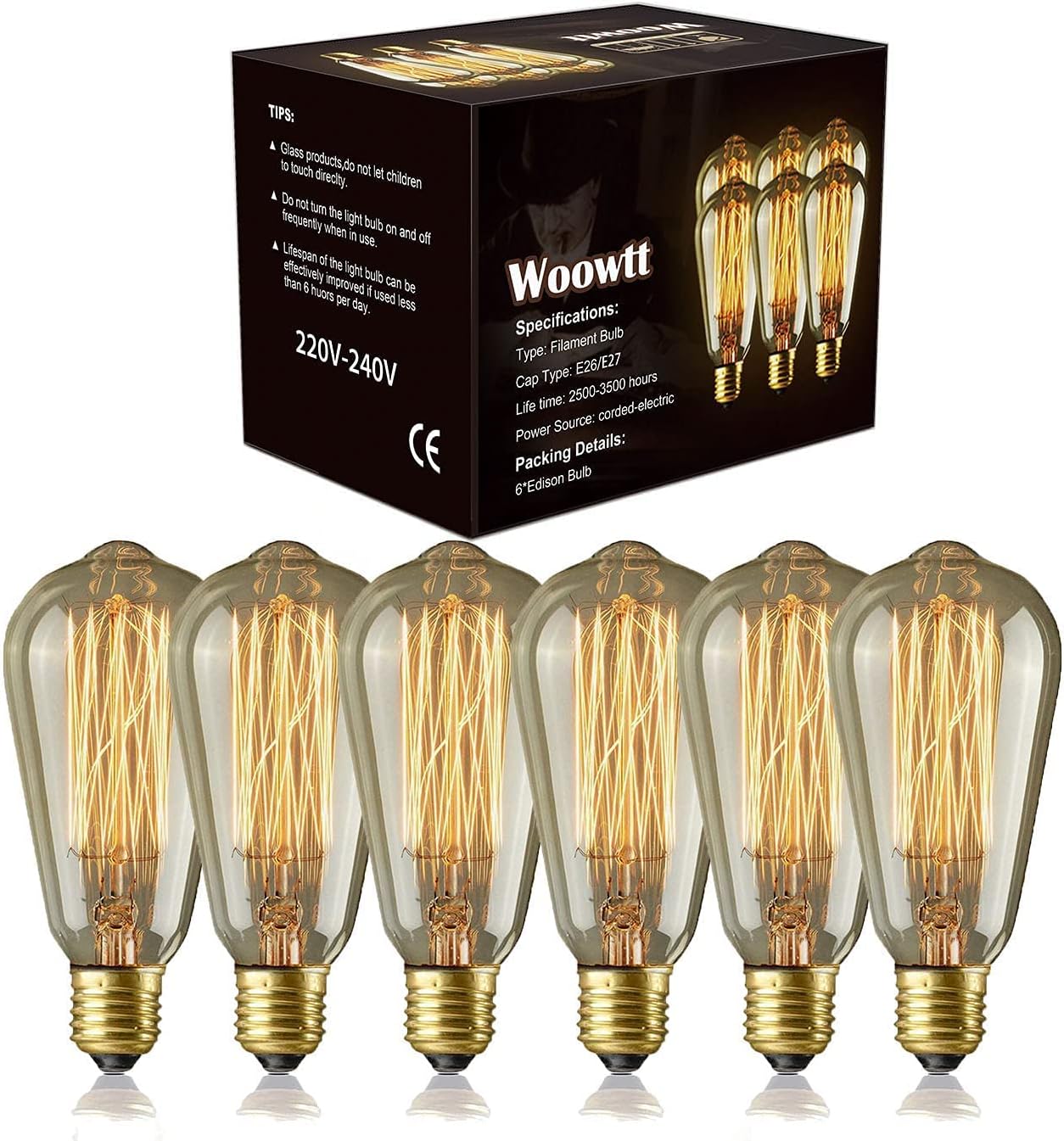 Woowtt Edison Light Bulb 6 Pack Classic Antique Bulb Style Dimmable