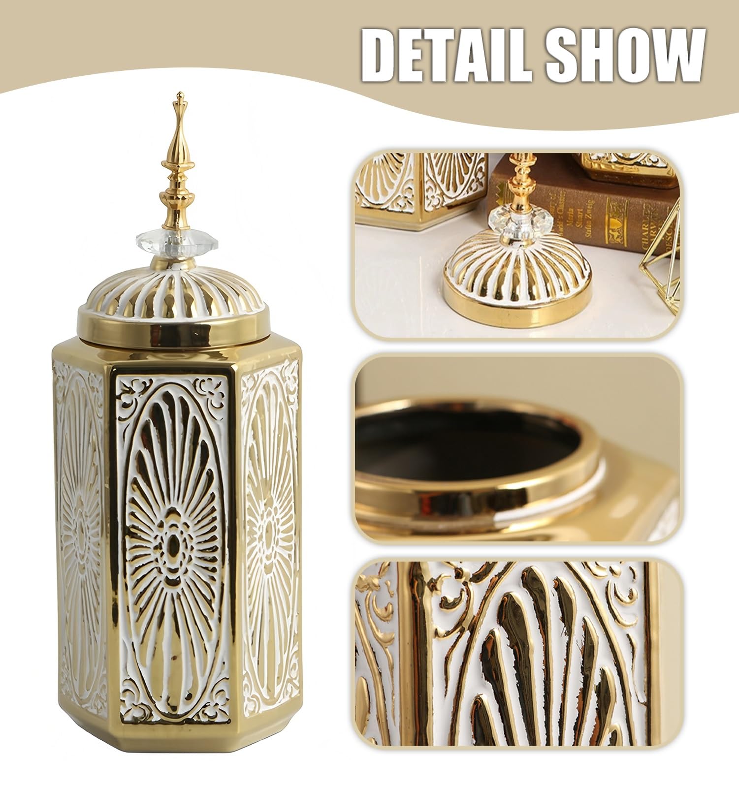 Jarrones Decorativos Jarrón De Flores Dorado para Decoración del Hogar, Tarro De Jengibre Estable Y Jarrón con Tapa para Mesa De Comedor, De Larga Duración.(S)