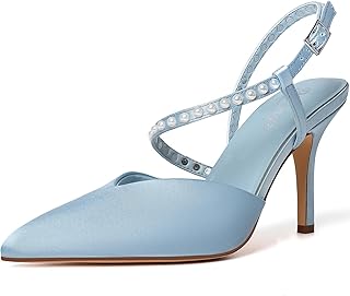 RINBONGZ Women's Pearl High Heels Pointed Closed Toe Wedding Shoes for Bride Stiletto Ankle Strap Satin Pumps Elegant Bridal Formal Party Evening Work Dress Shoes