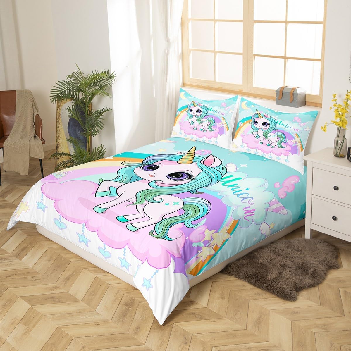 Feelyou Cute Rainbow Unicorn Bedding Set Full, Girls Unicorn Duvet Cover Fairy Dreamy Horse Comforter Cover Kids Toddler Cute Animal Decor Bedspread Cover Bed Set with 2 Pillow Case (No Comforter)