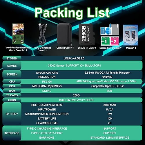 Miniatura 6 de RegiisJoy V40 Pro - Consola de juegos portátil, 35000 juegos, pantalla IPS de 3.5 pulgadas, Retro Arcade, 256G 3800mAh Mini consolas de video de