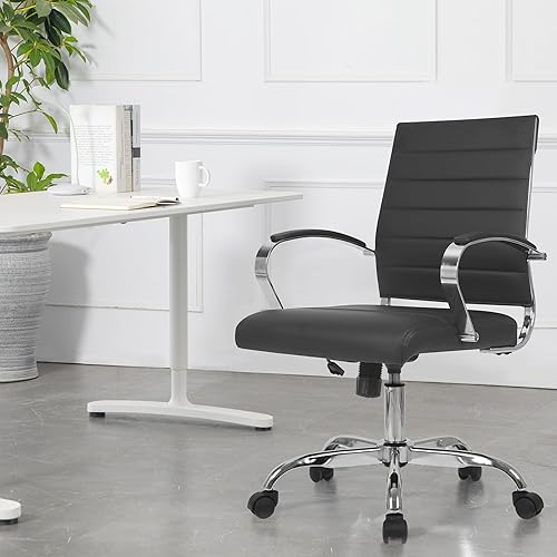Miniatura 2 de LANDSUN Silla de oficina en casa, silla de escritorio con respaldo medio, silla giratoria ejecutiva acanalada de piel sintética con ruedas y