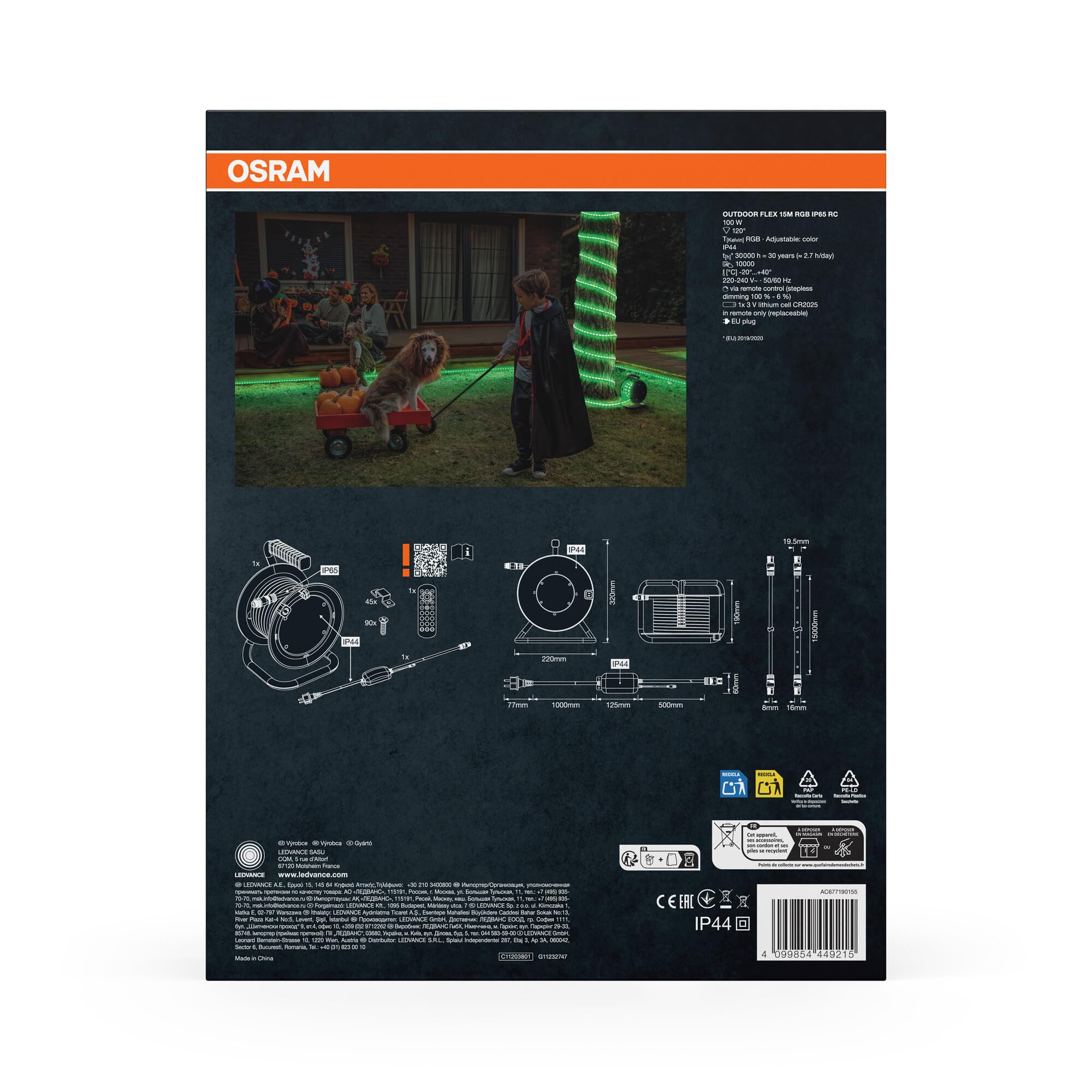 OSRAM Taśma LED Outdoor Flex RGB 15M IP65, w tym pilot zdalnego sterowania, możliwość przedłużenia do 50 m, z bębnem kablowym, kablem połączeniowym, akcesoriami