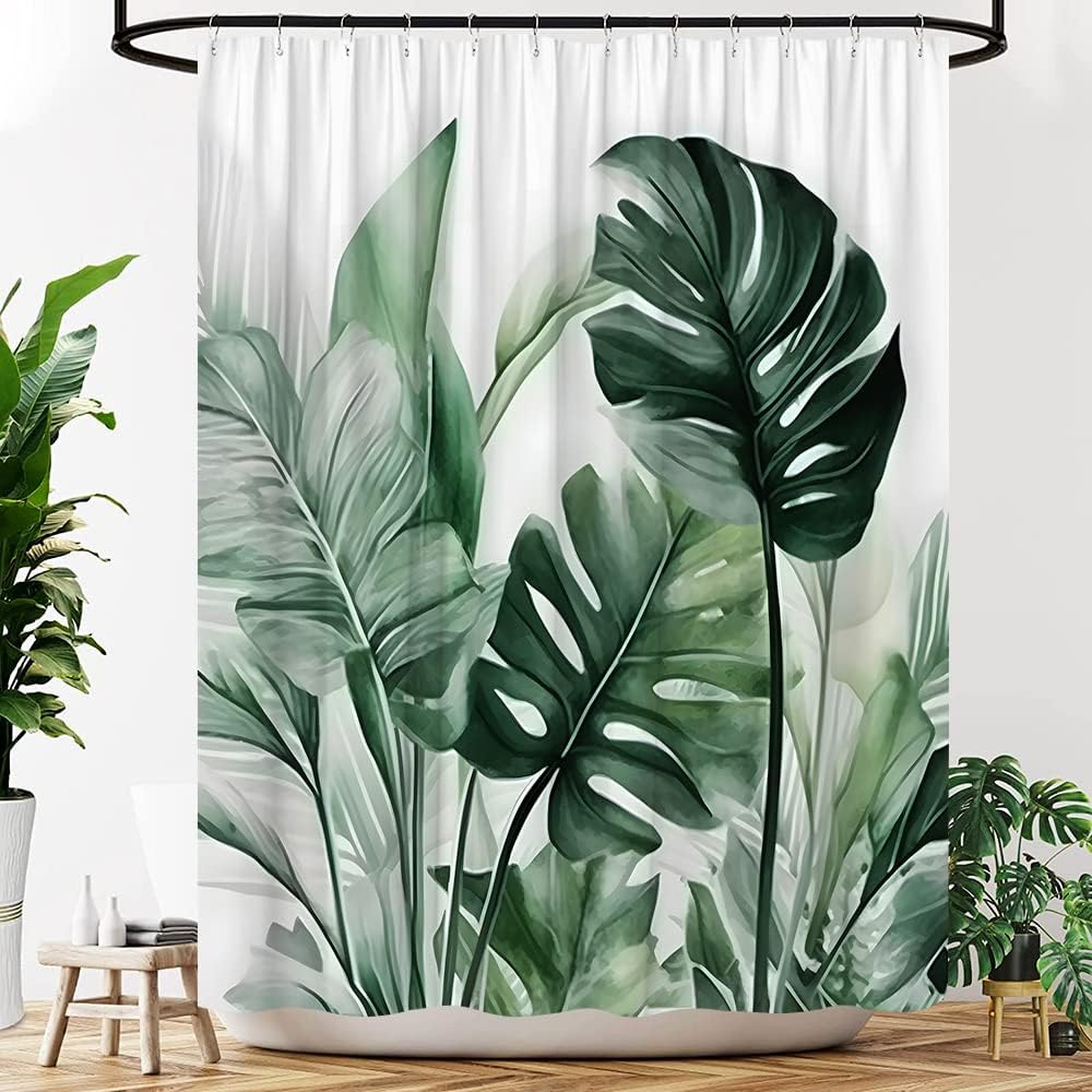 Green Palm Leaves Shower Curtain Tropical Monstera Leaf Rustic Nature Botanical Jungle Minimalist Fabric Bathroom Decor Curtains Set with Hooks