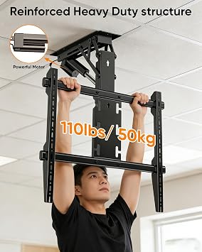 FORGING MOUNT Electric Ceiling TV Mount with Remote, Off-Center VESA Design for 37-86 inch TVs, Holds 110 lbs, VESA 600x600, Heavy Duty Motorized TV Ceiling Mount Flip Down Fits Flat & Pitched Roof