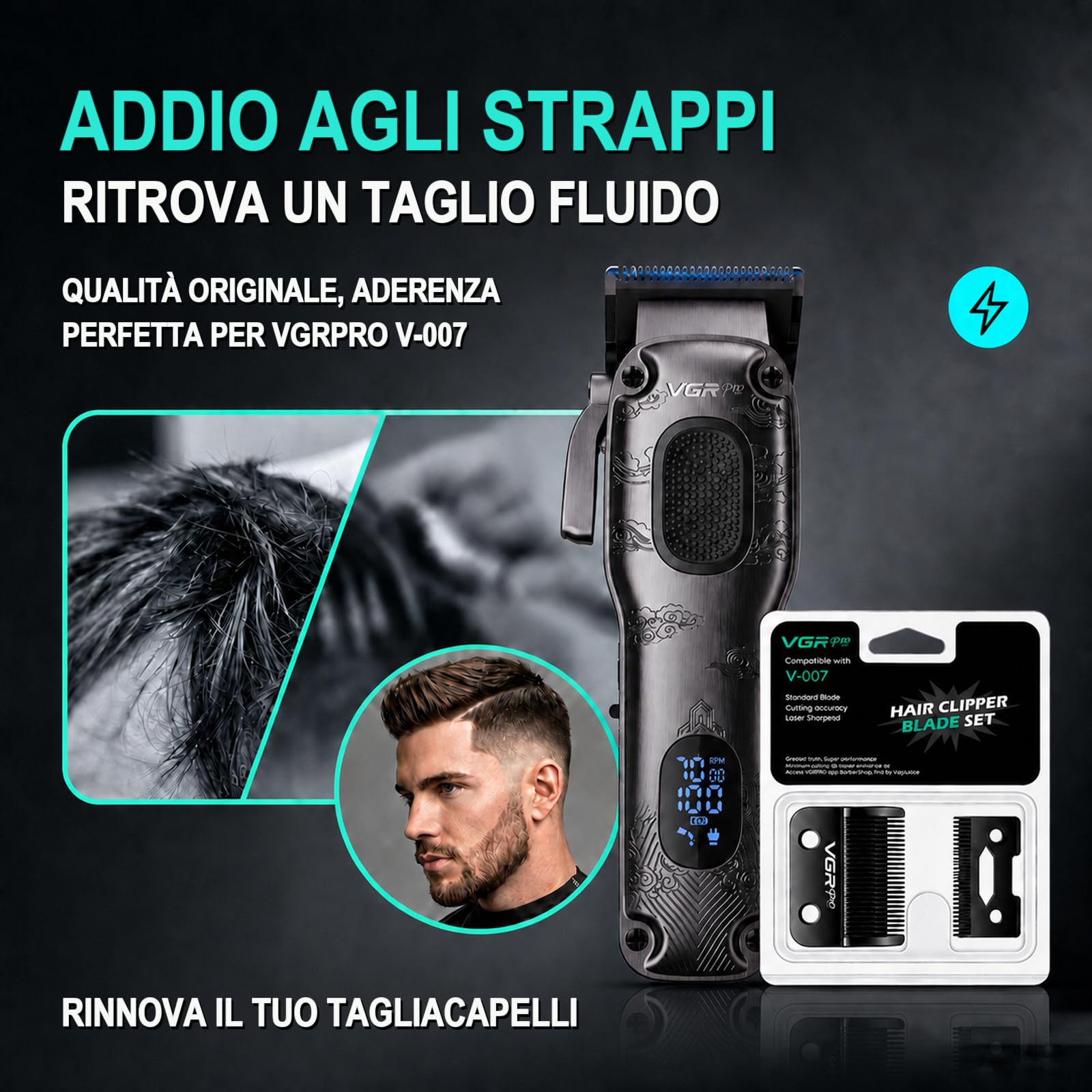 VGRPRO tagliacapelli uomo professionale con lame di ricambio, 7000 RPM kit da barbiere per taglio capelli, casa e salone