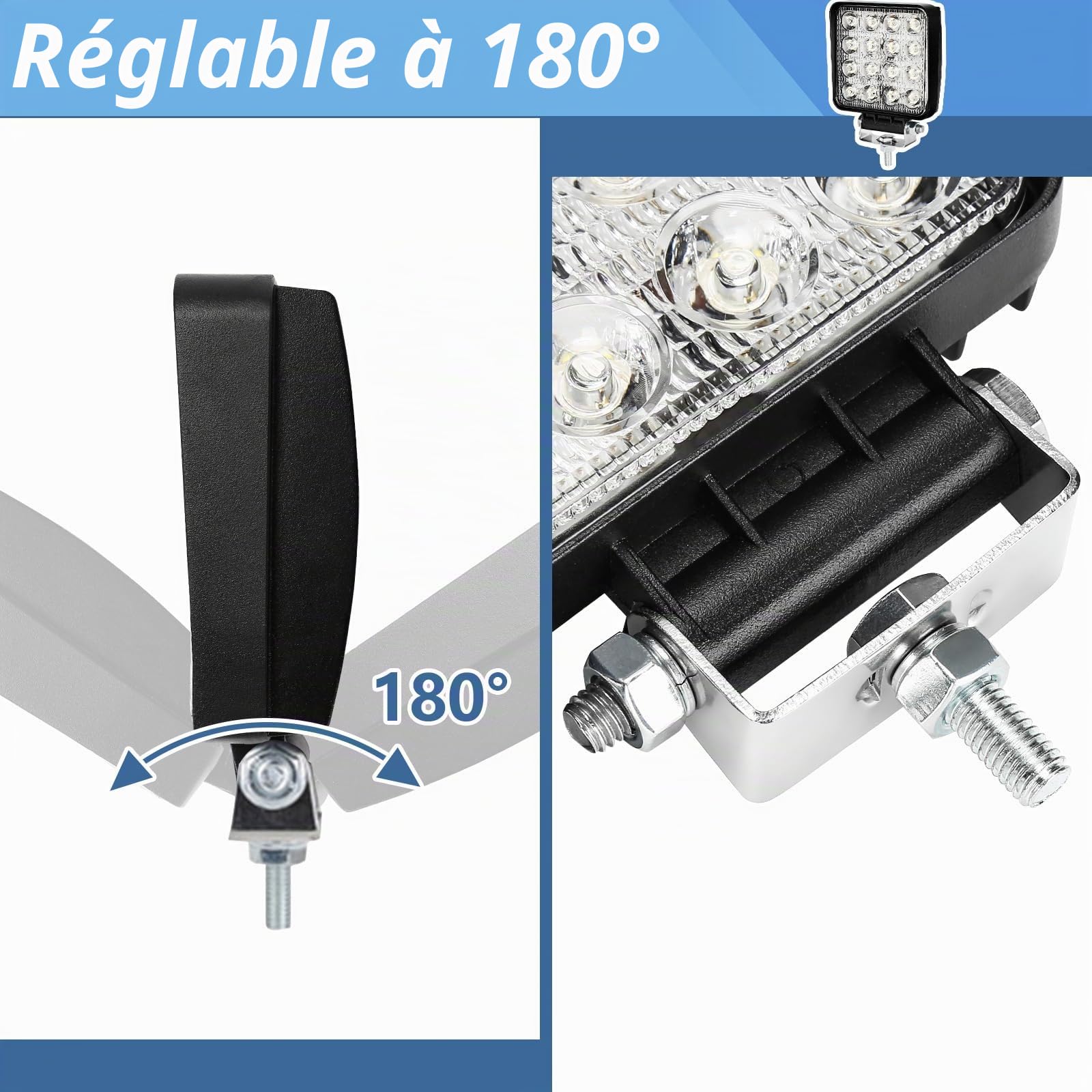Lot de 4 projecteurs de travail LED 48 W 12 V 4320 lm Phare LED 6500 K Feu de recul IP67 étanche pour tracteur tout-terrain SUV