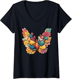 Womens Chicken Butterfly Art V-Neck T-Shirt