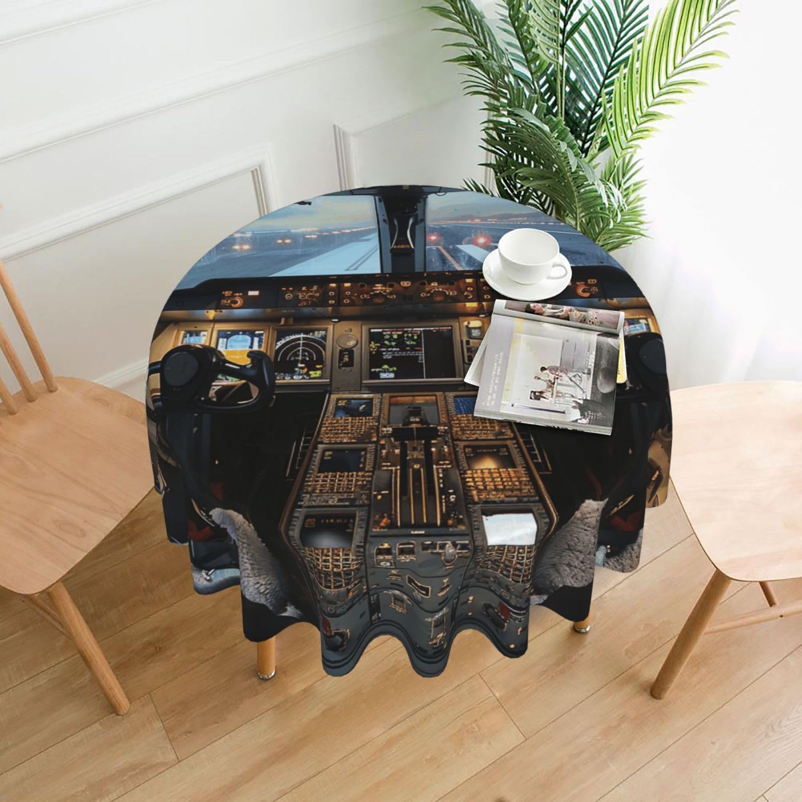 WPKJU Airplane Cockpit Printed Round Tablecloth 60 in Water Resistant Table Cover Washable Table Cloth for Dining Tables