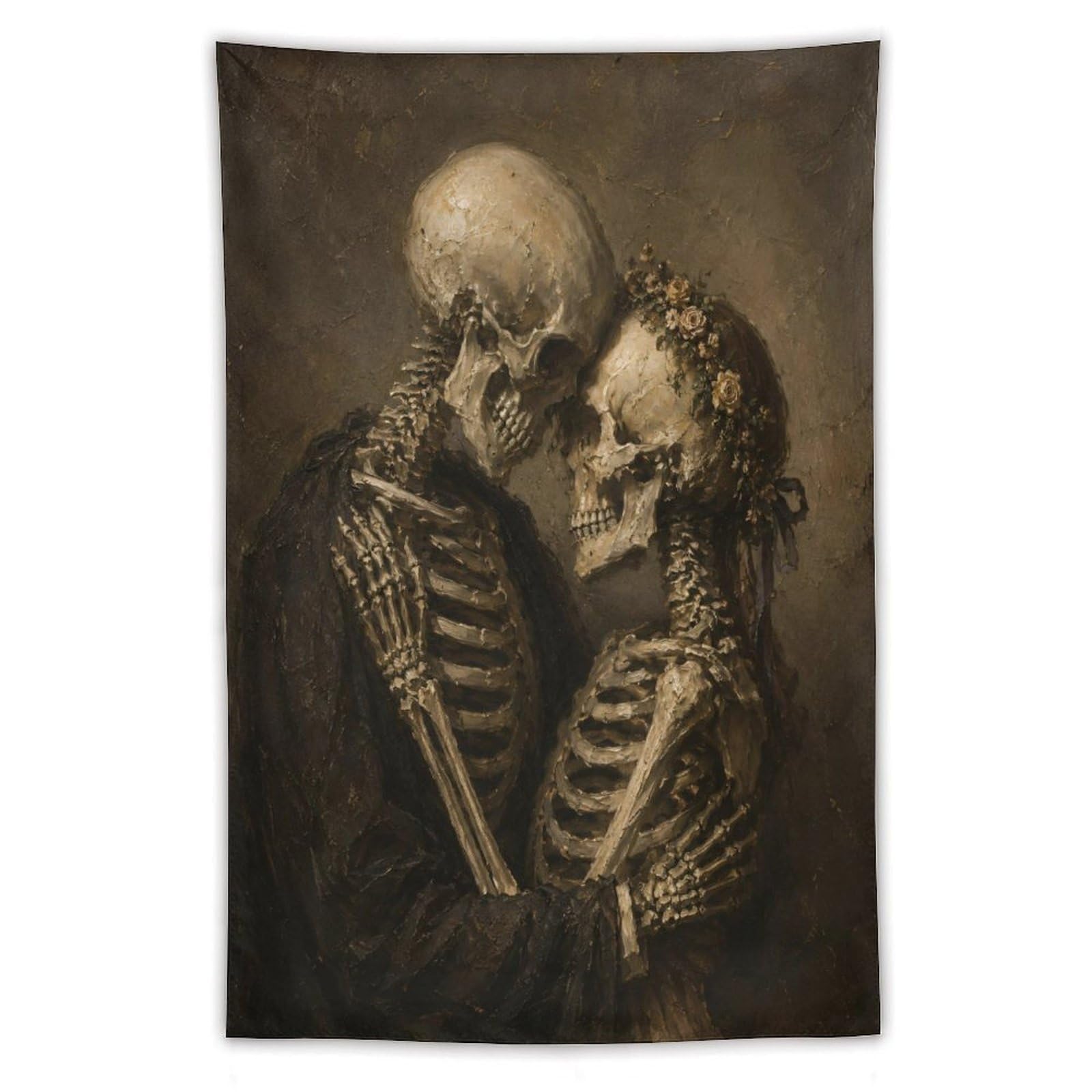 H3B8U2Y5 Sepia Skeleton Couple Wall Tapestry, Gothic Oil Style, Bed