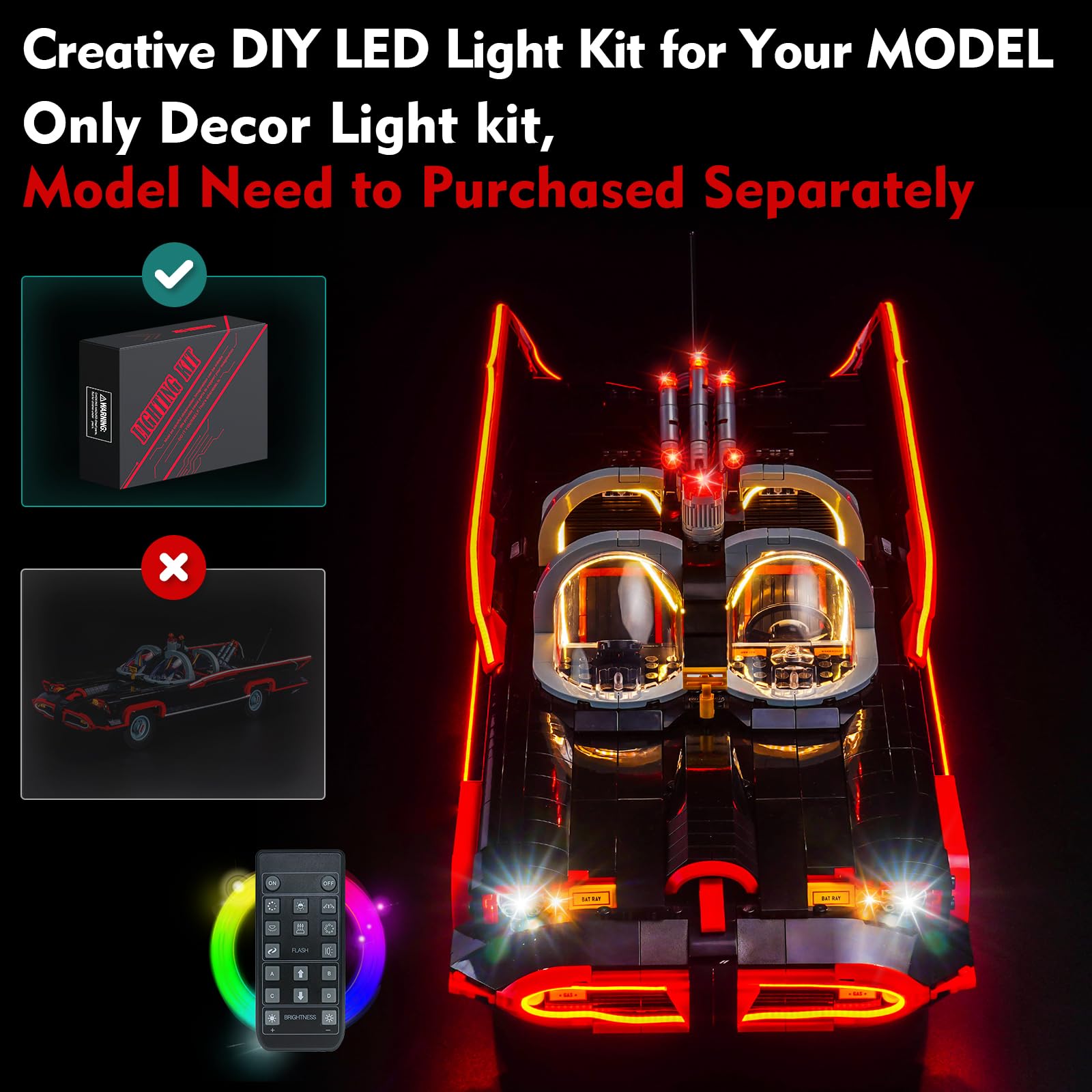 LocoLee Light Compatible with Lego Batman: The Classic TV Series Batmobile 76328 Lighting Set Accessories Compatible with Lego 76328, No Models Only Light (RC Version)