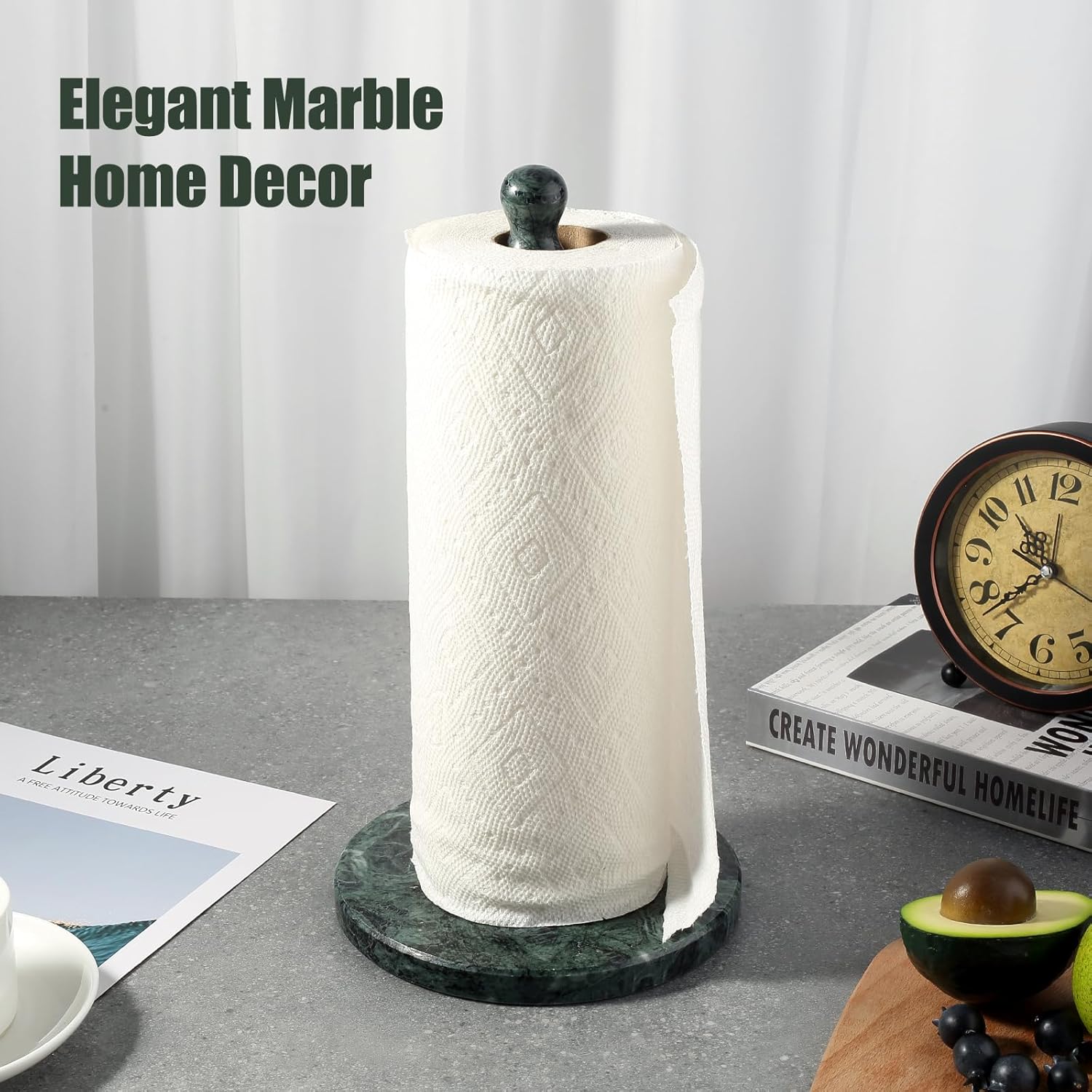 Koville Italian Natural Marble Paper Towel Holder Countertop, Genuine Stone Paper Towel Holder Stand for Kitchen Storage, for Standard or Jumbo-Sized Rolls(Alpi Green)