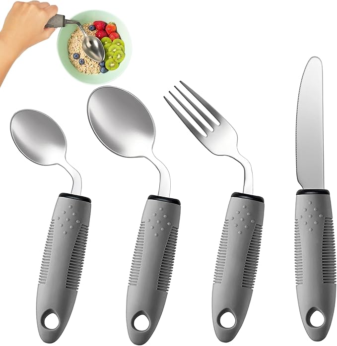 4-Piece Adaptive Utensils Set - 42° Angled Parkinsons Utensils, 2.5 oz Weighted