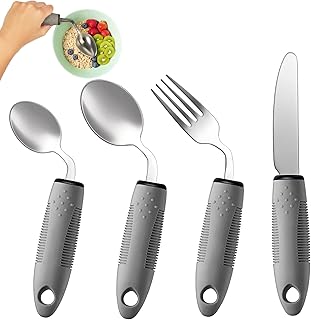 4-Piece Adaptive Utensils Set - 42° Angled Parkinsons Utensils, 2.5 oz Weighted Utensils for Hand Tremors and Parkinsons Patients, Weighted Silverware for Hand Tremors (Grey: Right-Handed)