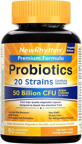 NewRhythm Probióticos 50 mil millones de UFC, 20 cepas, 90 cápsulas vegetales, tecnología de liberación dirigida, resistente al ácido estomacal, sin