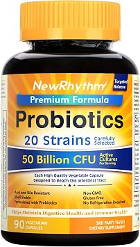 NewRhythm Probiotics 50 Billion CFU 20 Strains, 90 Veggie Capsules, Targeted Release Technology, Stomach Acid Resistant, No Need for Refrigeration, Non-GMO, Gluten Free