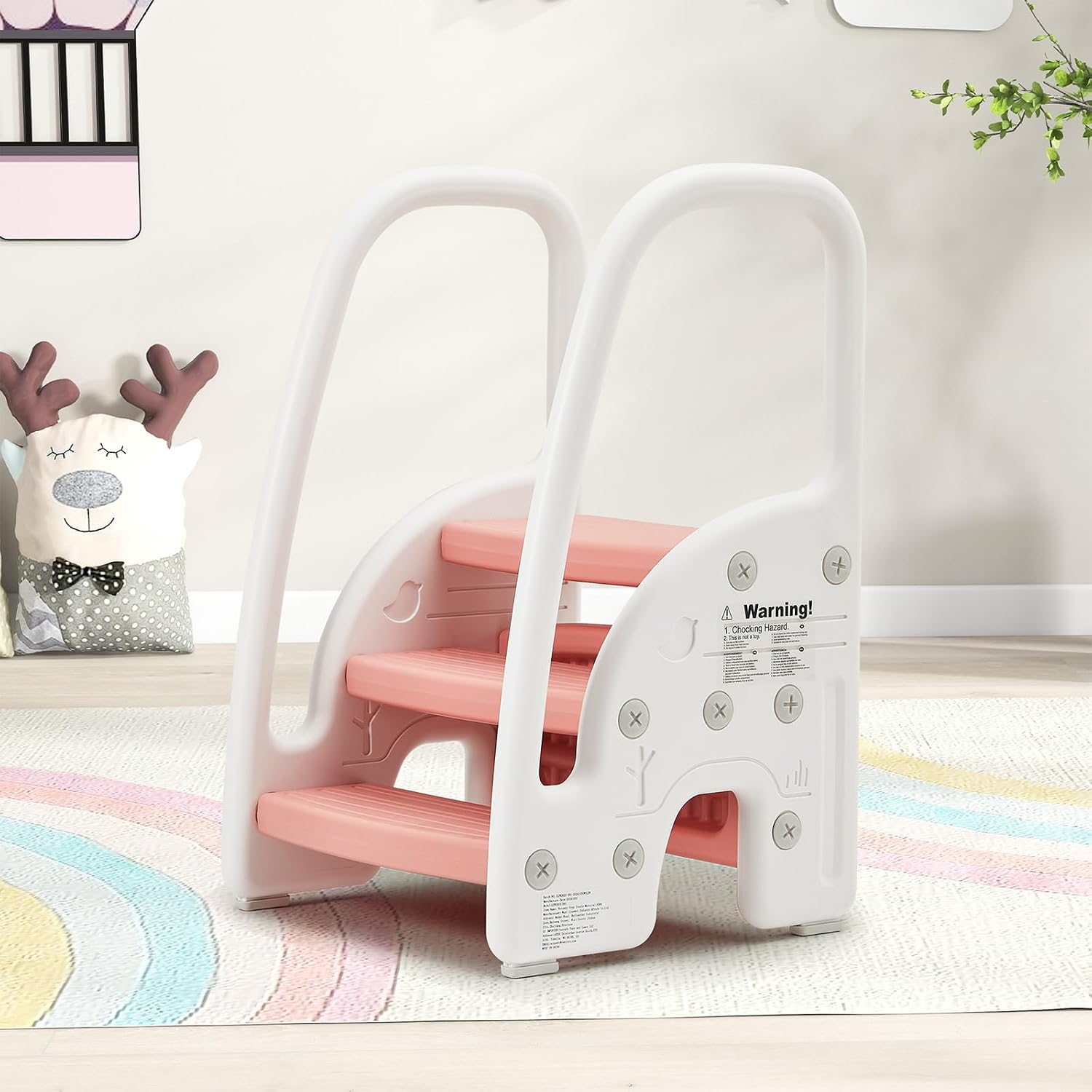 Toddler 3 Step Stool, Adjustable Toddler Stool for Bathroom Sink, Kids Step Stool with Wide Non Slip Pedals, Safety Handrails, Children Standing Tower Learning Helper for Kitchen, Potty