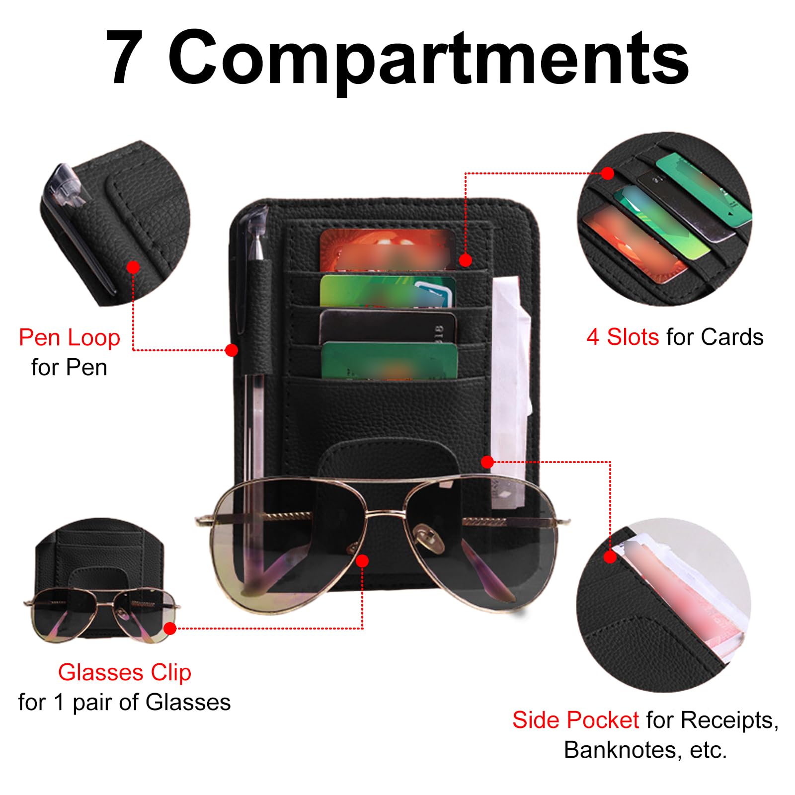 Portaocchiali Auto In Pelle PU - Organizzatore Per Visiera Parasole, Con Scomparti Per Carte E Penne - Foto 8